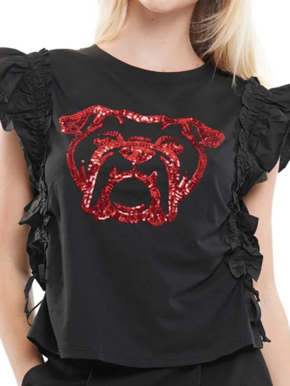 Black Short Sleeve Tee with Red Sequin Bulldog Graphic